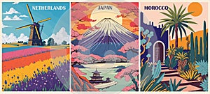 Set of Travel Destination Posters in retro style.