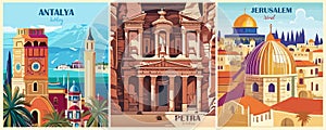 Set of Travel Destination Posters in retro style.