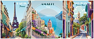 Set of Travel Destination Posters in retro style.