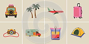Set of travel element in modern flat line style: van, plane, baggage, palm tree etc. Hand drawn vector illustration of leisure,