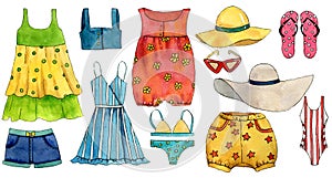 Set of travel hand drawn watercolor elements with clothing dress, shorts, swimming suit, hat, sunglasses, top