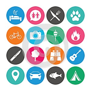 Set of Travel, Hiking and Camping icons.