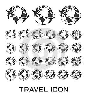 Set of Travel icons with airplane fly around the earth