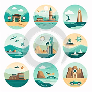 Set of travel icons in flat style. Vector illustration with sea, ship, lighthouse, lighthouse and other elements