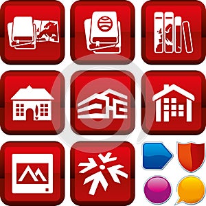 Set of travel icons on square buttons. Geometric style