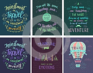 Set of travel posters. Vector hand drawn illustrations for t-shirt print or posters with hand-lettering quotes.