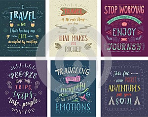 Set of travel posters. Vector hand drawn illustrations for t-shirt print or posters with hand-lettering quotes.