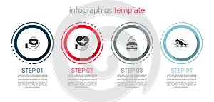 Set Travel suitcase in hand, Life insurance, Burning car and Flood. Business infographic template. Vector