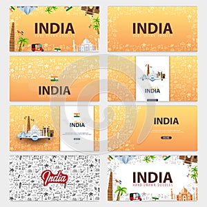 Set of Travel to India banners. Indian Hand drawn doodles on background. Vector illustration.