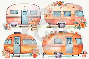 Set of Travel Trailer Caravans with different decorations. Objects on light background