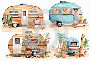 Set of Travel Trailer Caravans with different decorations. Objects on light background