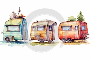 Set of Travel Trailer Caravans with different landscapes. Objects on light background