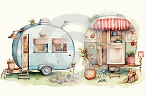 Set of Travel Trailer Caravans with different landscapes. Objects on light background