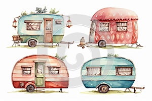 Set of Travel Trailer Caravans with different landscapes. Objects on light background