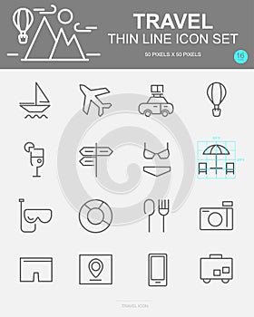 Set of Travel Vector Line Icons. Includes beach, restaurant, passport, luggage and more