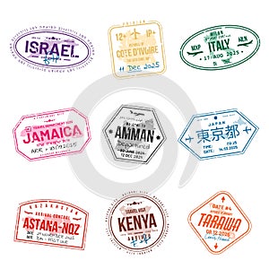 Set of travel visa stamps for passports. Abstract international and immigration office stamps. Arrival and departure customs visa
