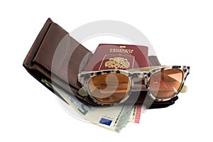 Set traveler: wallet, passport, sun glasses and money