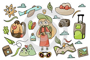 Set of traveling icons and adventurer girl doodle