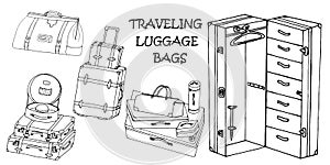 set of traveling luggage bags in doodle style