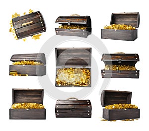Set with treasure chests full of gold coins on white background