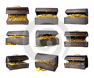 Set with treasure chests full of gold coins on white background