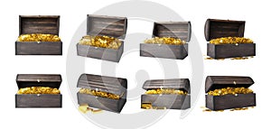 Set with treasure chests full of gold coins on white background. Banner design