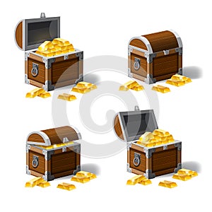 Set of treasure chests, open and closed pirate treasure chests, locked, empty, full of coins cartoon vector illustration