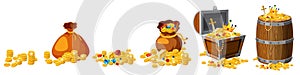 Set Treasure, gold, coins, bars, jewels, crown, sword, chest, barrel, vector, isolated, cartoon style, for games, apps