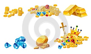 Set Treasure, gold, coins, rock gold nugget, bars, jewels, crown, vector, isolated, cartoon style, for games, apps