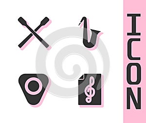 Set Treble clef, Drum sticks, Guitar pick and Musical instrument saxophone icon. Vector