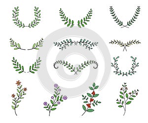 set of tree branches with leaves and flowers line with color style