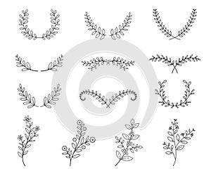 set of tree branches with leaves and flowers line style