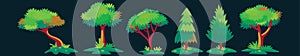 Set of tree cartoon icon design template with various models. vector illustration isolated on dark background