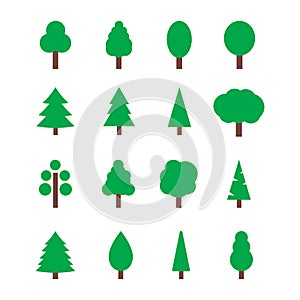 Set of 16 tree icons. Silhouettes of trees in flat style. Nature and green planet concept vector illustration