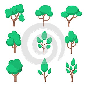 Set of tree illustrations in flat style isolated on white background. Design element for presentation, poster, banner, web page, f