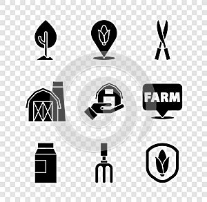 Set Tree, Location corn, Gardening handmade scissors, Paper package for milk, rake, Shield, Farm house and icon. Vector