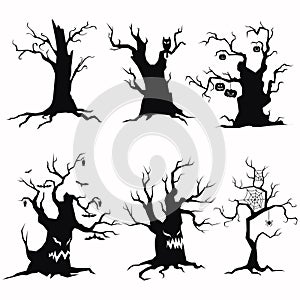 Set of tree silhouettes for Halloween. A collection of monster trees with bats and pumpkins. Black and white