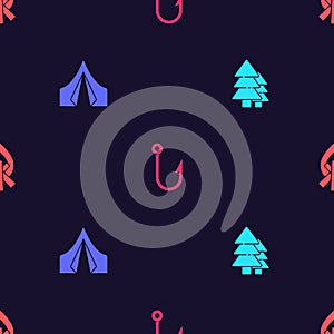 Set Tree, Tourist tent, Fishing hook and Campfire on seamless pattern. Vector