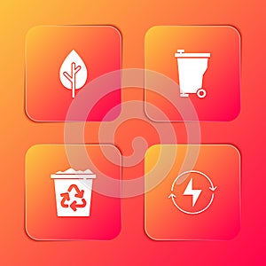 Set Tree, Trash can, Recycle bin with recycle and Lightning bolt icon. Vector