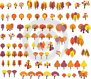 Set of trees in different styles in autumn colors