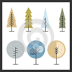 Set of trees icons geometric shape. Collection of forest tree nature cartoon. Flat design. Christmas concept. Geometric abstract.
