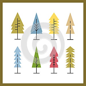 Set of trees icons geometric shape. Collection of forest tree nature cartoon. Flat design. Christmas concept. Polygon abstract.