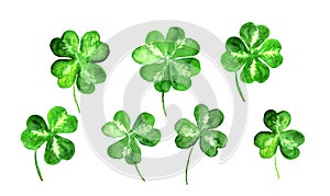 Set of trefoil, clover leaves with 3, 4 four leaf. Watercolor collection for St Patrick day. Celtic, irish symbol of