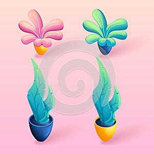 Set of Trending Isometric cartoon colors 3D icons. Indoor plants in flower pots for stylizing illustrations. 3D web