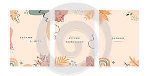 Set of trendy abstract floral autumn vertical templates with leaves, rainbow and abstract shapes and lines. Good for