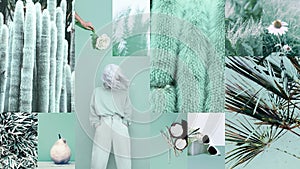 Set of trendy aesthetic photo collages. Minimalistic images of one top color.  Fashion fresh aqua menthe moodboard photo