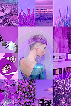 Set of trendy aesthetic photo collages. Minimalistic images of one top color. Purple moodboard photo