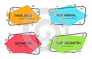 Set of trendy banner with flat shape. Design label element with geometric shape for discount sale.Vivid background template with