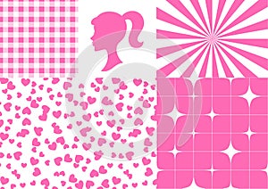 Set of Trendy Barbie Doll Elements. Vector Pink Cartoon Illustrations in Barbiecore Style. Girl Silhouette Sticker