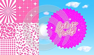 Set of Trendy Barbie Doll Elements. Vector Pink Cartoon Illustrations in Barbiecore Style. Let's Go Party Sticker